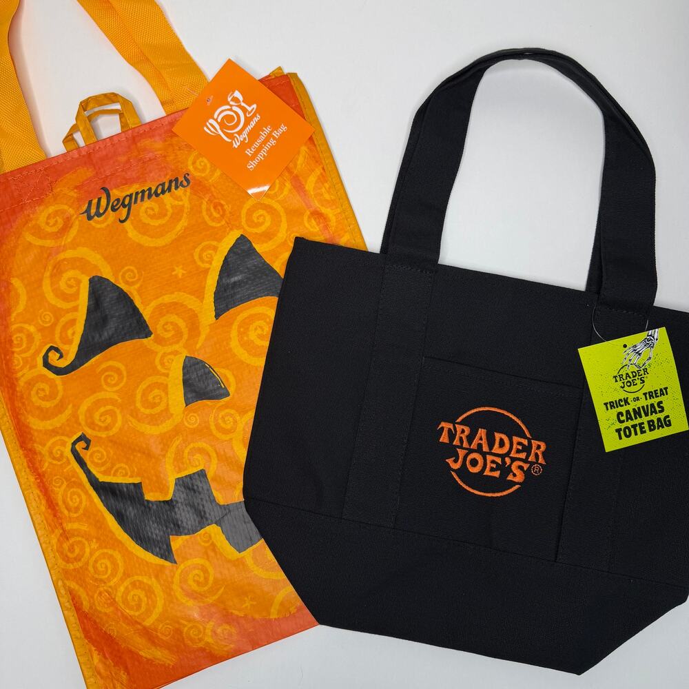 2x HALLOWEEN TOTE BAGS — Trader Joe’s Canvas Black Mini + Wegmans Jack-o-Lantern